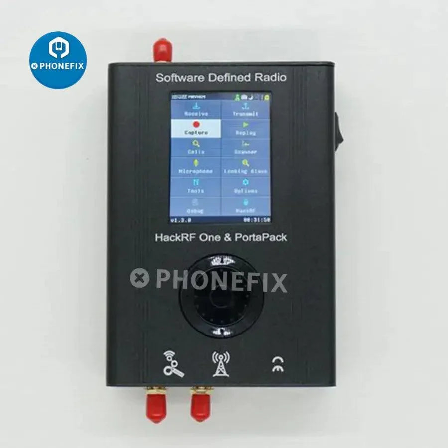 Portapack Mayhem firmware flashed on HackRF One SDR device, covering 1MHz-6GHz, with TXCO, by PHONEFIX.