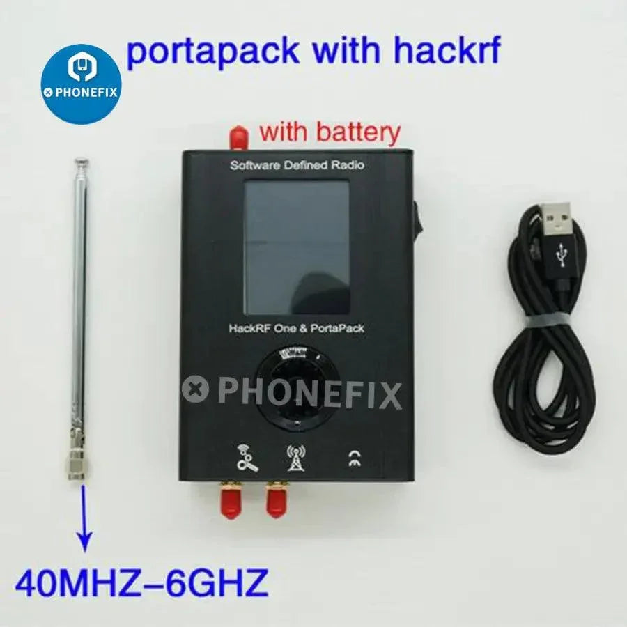 Portapack Mayhem firmware flashed HackRF SDR device, 1MHz-6GHz, used for radio signal testing and software-defined radio applications.