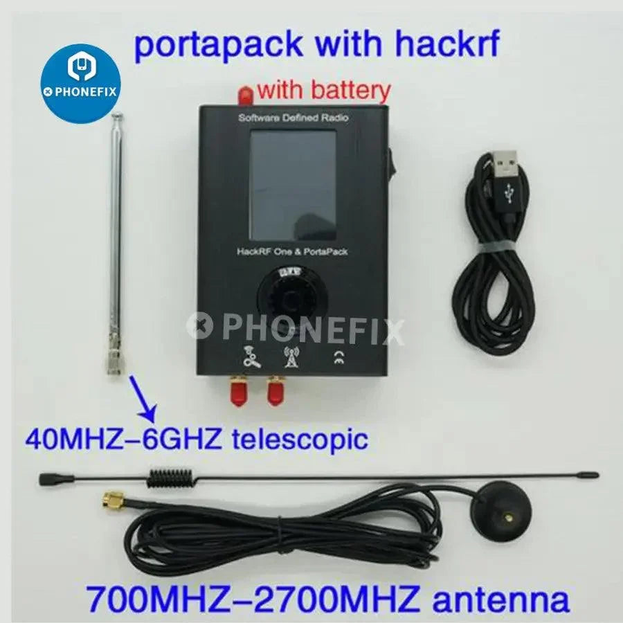 PhoneFix Portapack Mayhem firmware flashed HackRF SDR transceiver with 1MHz-6GHz frequency range, assist tool for radio communication projects.