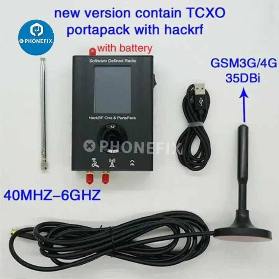 Portapack Mayhem firmware flashed HackRF SDR device with TXCO, covering 1MHz to 6GHz, used for radio frequency testing and development.