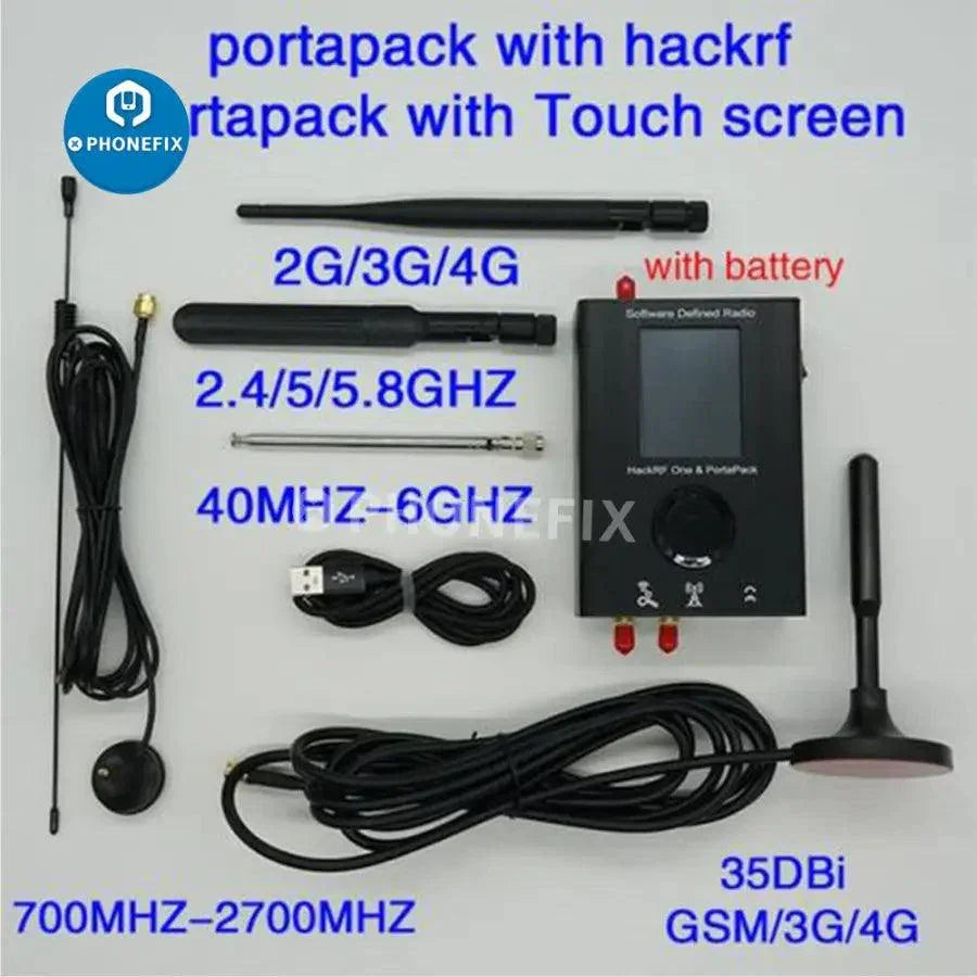 Portapack Mayhem firmware flashed HackRF SDR device for 1MHz-6GHz, used for radio frequency testing and signal analysis.