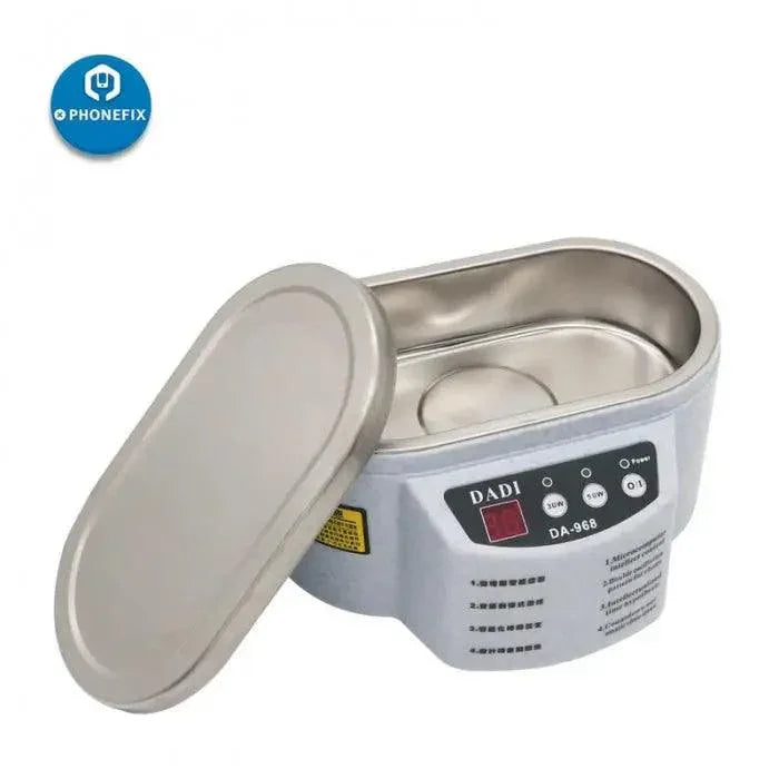 Mini PHONEFIX ultrasonic cleaner for circuit boards, compact device for precise cleaning of electronic components.