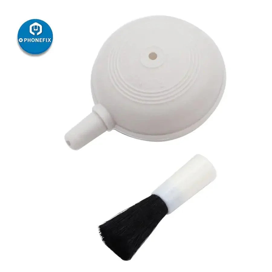 PHONEFIX 2-in-1 dust cleaning air blower and brush for keyboards and camera cleaning, compact assist tool for delicate cleaning tasks.