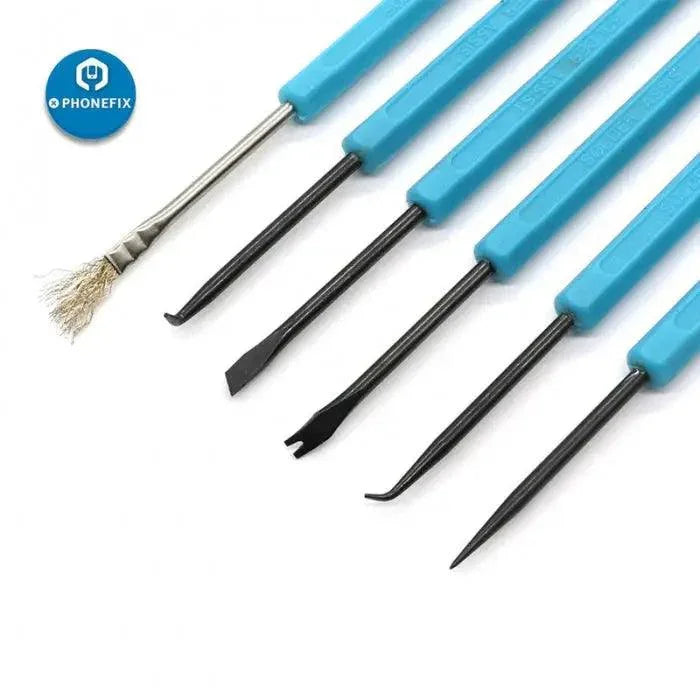 Set of six PHONEFIX desoldering aid tools for PCB soldering assistance, including various auxiliary tools for electronics repair.