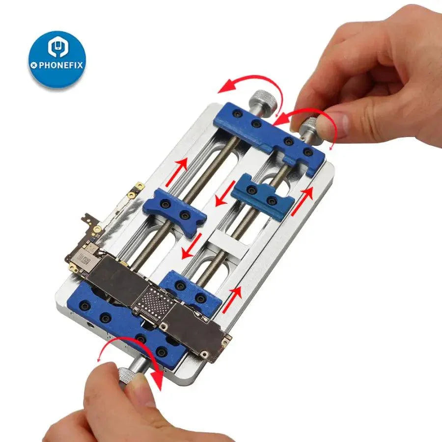 High temperature aluminum alloy double axis PCB board holder fixture by PHONEFIX, designed for precise electronics assembly.