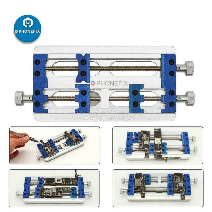 High temperature aluminum alloy double axis PCB board holder fixture by PHONEFIX, designed for precise PCB assembly and testing.