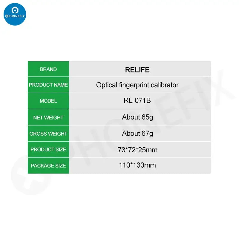 PHONEFIX RL-071B optical fingerprint calibrator for Huawei, Xiaomi, Oppo, and Vivo smartphones, used as an assist tool.