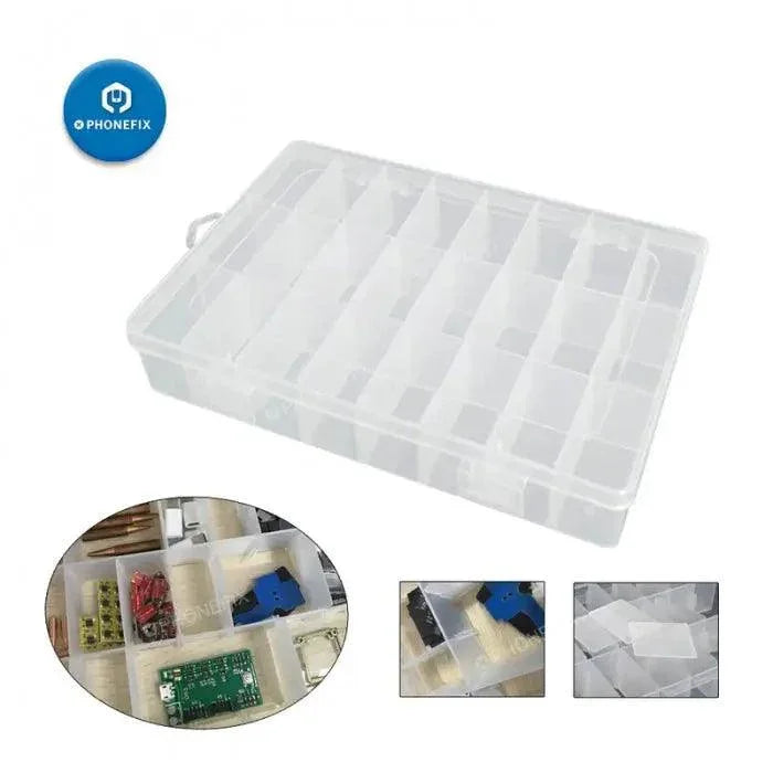Boîte de rangement en plastique PHONEFIX avec 24 compartiments réglables pour organiser les pièces et composants de réparation de téléphones portables.