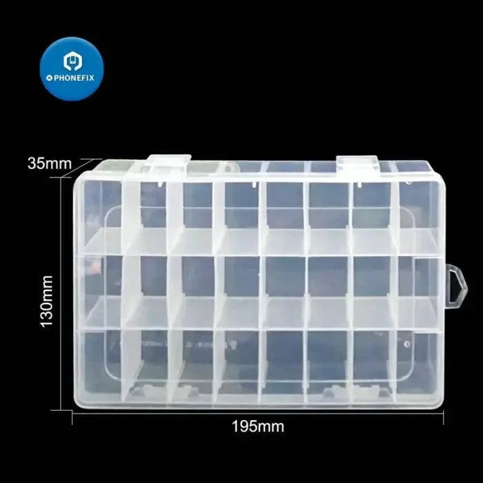 Boîte de rangement en plastique PhoneFix avec 24 compartiments réglables pour l'organisation des pièces et composants de réparation de téléphones portables.