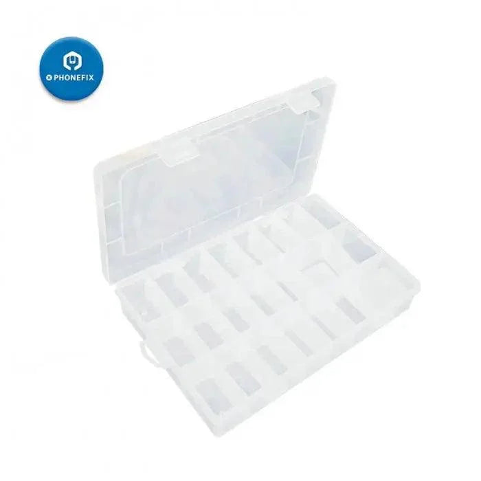Boîte de rangement en plastique ajustable avec 24 compartiments pour organiser les pièces de réparation de téléphones portables, par PHONEFIX.