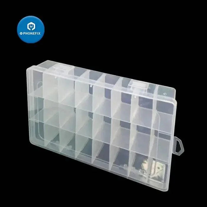 Boîte de rangement en plastique ajustable PHONEFIX avec 24 compartiments pour organiser les pièces et composants de réparation de téléphones portables.