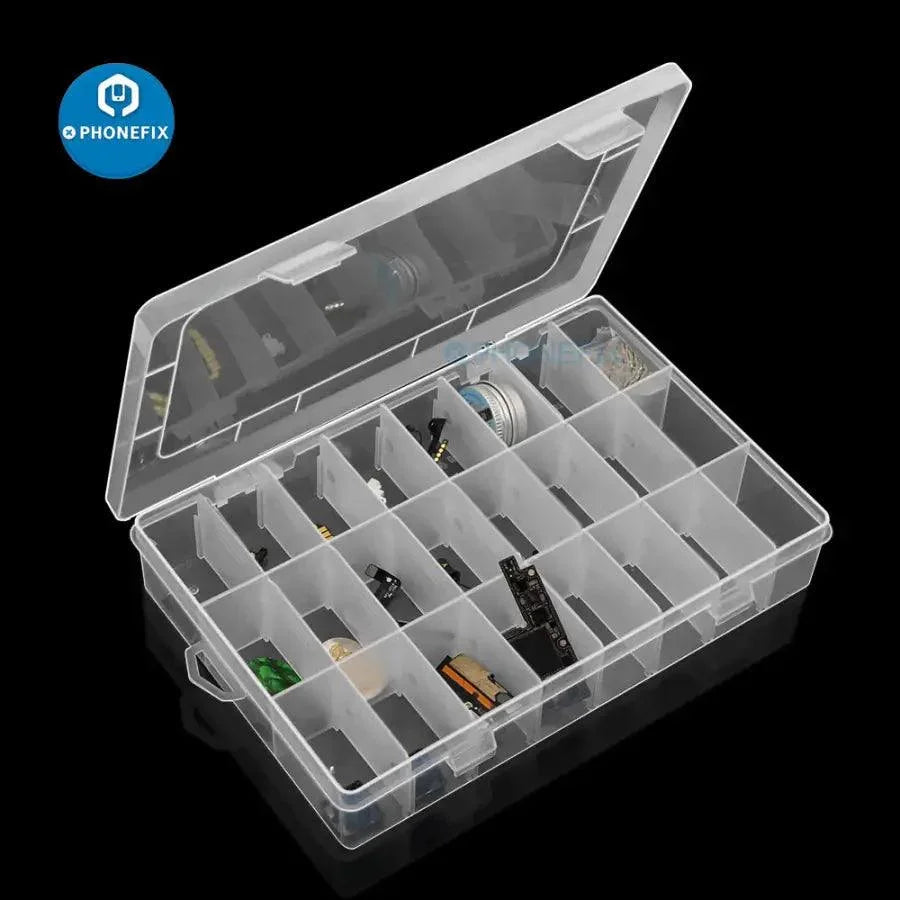 Boîte de rangement en plastique PHONEFIX avec 24 compartiments réglables pour organiser les pièces et composants de réparation de téléphones portables.