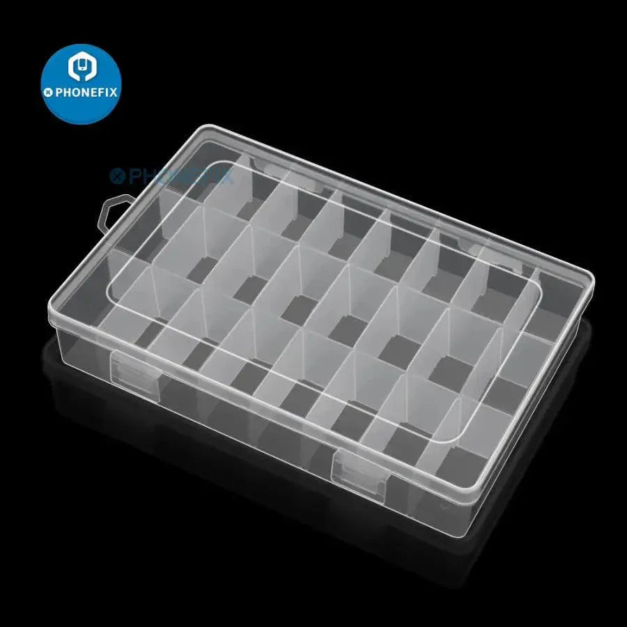 Boîte de rangement en plastique ajustable avec 24 compartiments pour organiser les pièces de réparation de téléphones portables, par PHONEFIX.