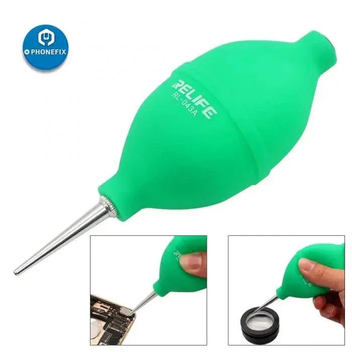 PhoneFix RELIFE 2-in-1 air blower ball and cleaning pen for phone repair and dust cleaning, green assist tool for electronic devices.
