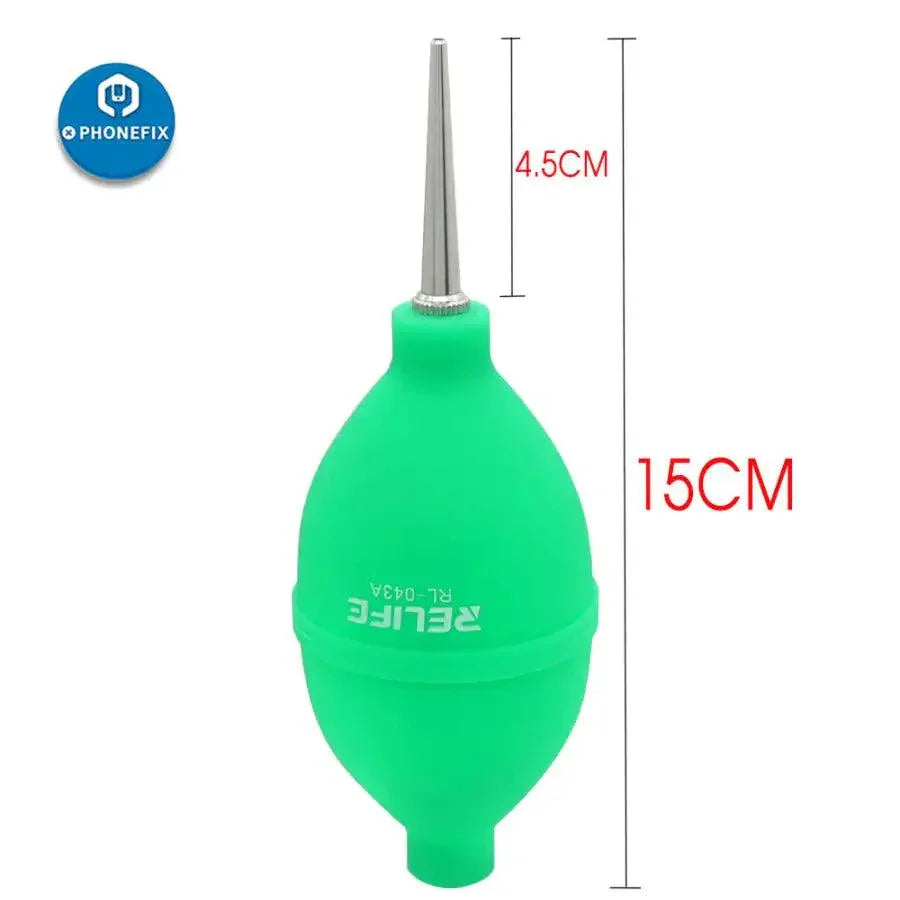 PhoneFix RELIFE 2-in-1 air blower ball and cleaning pen for phone repair and dust cleaning, green assist tool for electronics.