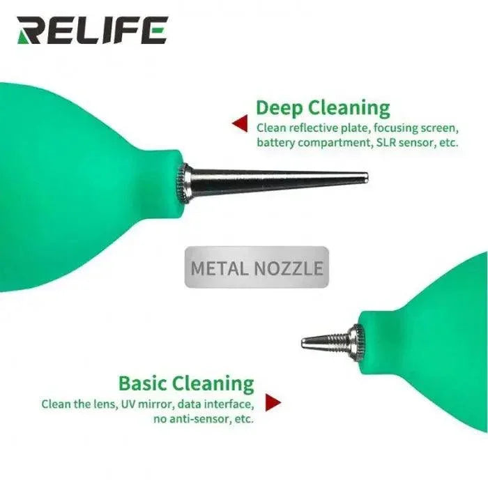 PhoneFix RELIFE 2-in-1 air blower ball and cleaning pen for phone repair, dust removal, and cleaning aid in green color.