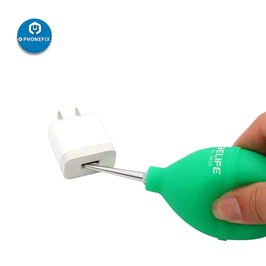 RELIFE 2-in-1 air blower ball and cleaning pen by PHONEFIX for phone repair and dust cleaning, green assist tool in close-up.