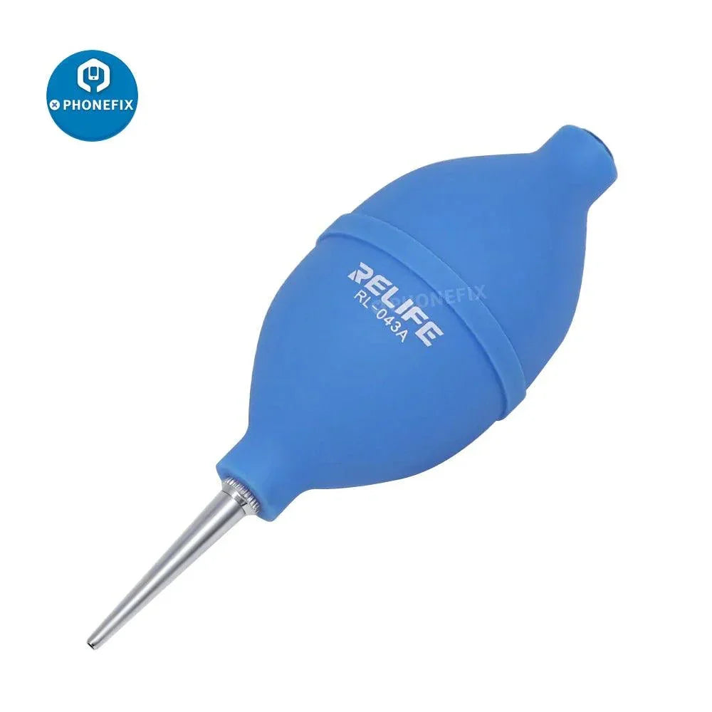 PhoneFix RELIFE 2-in-1 air blower ball and cleaning pen for phone repair and dust removal, green assist tool for electronic cleaning.