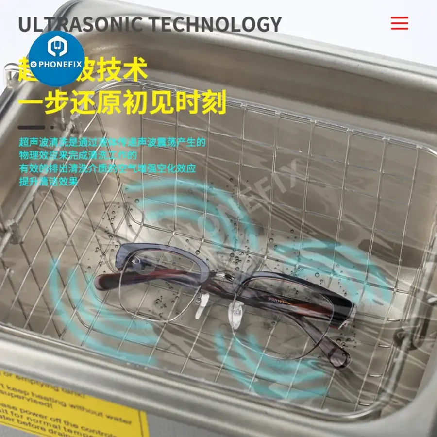PHONEFIX MECHANIC iClean-E08P ultrasonic cleaner for PCBs, glasses, and jewelry, with digital controls for precise cleaning.