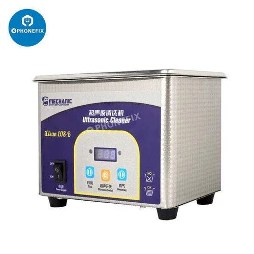 PHONEFIX MECHANIC iClean-E08P ultrasonic cleaner for PCB, camera, and glasses cleaning with compact assist tool design.