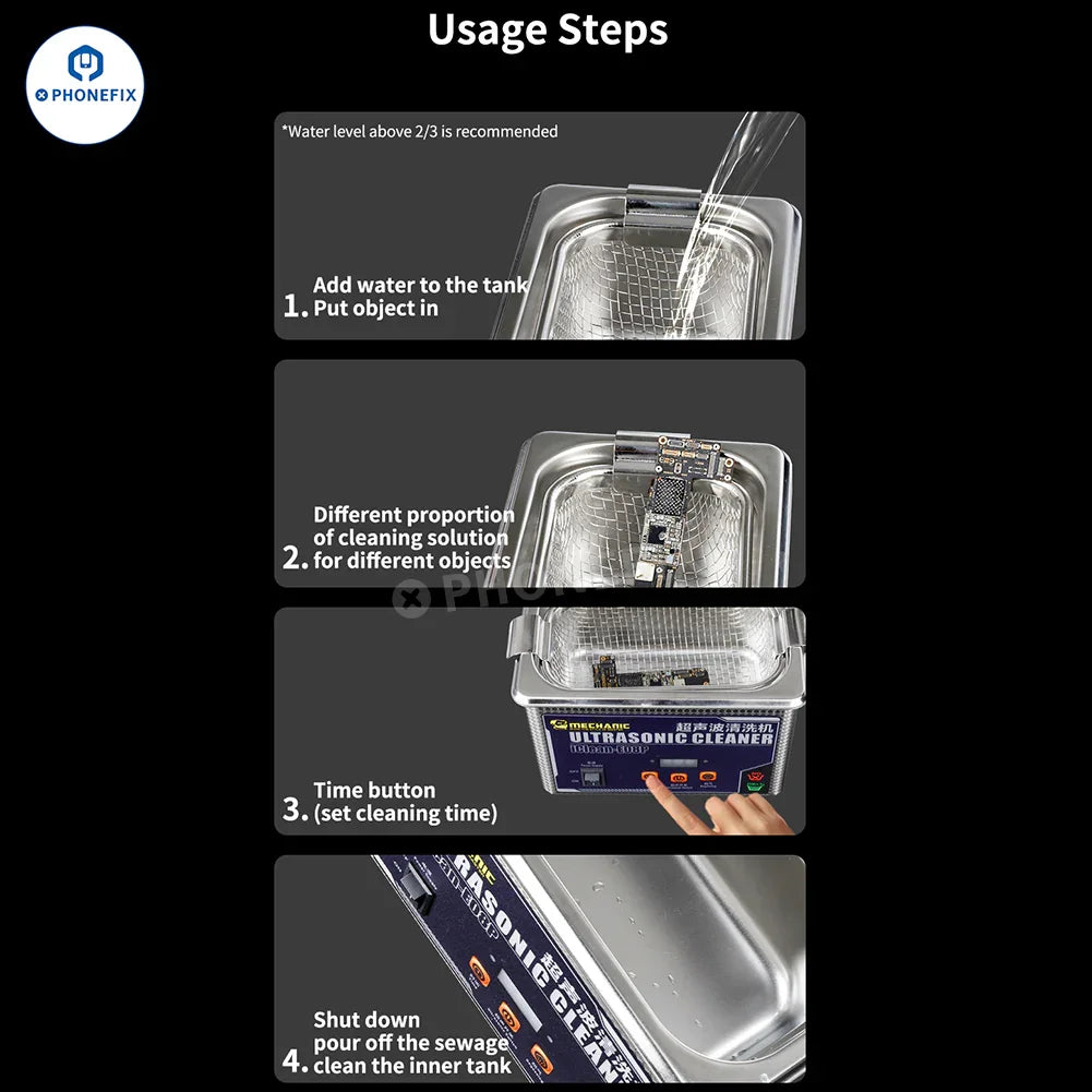 PHONEFIX MECHANIC iClean-E08P ultrasonic cleaner for PCB, camera, and glasses cleaning, with compact assist tool design.