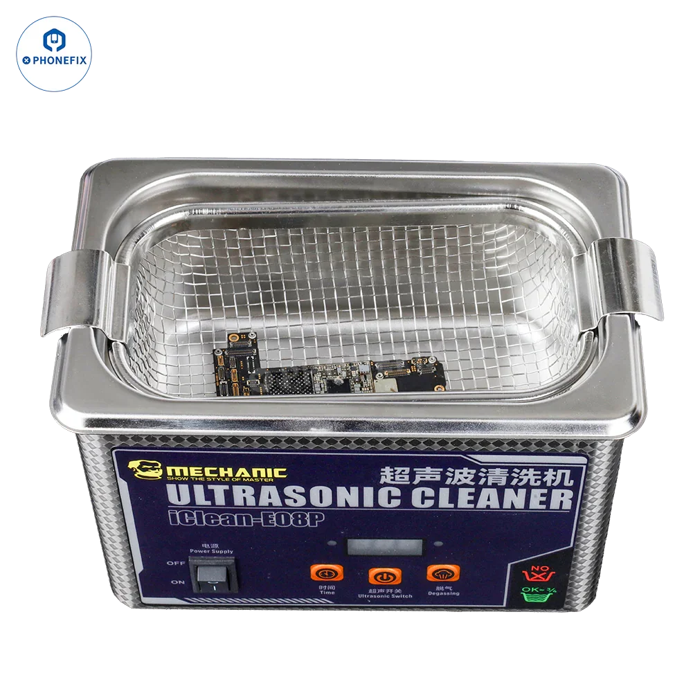 PHONEFIX MECHANIC iClean-E08P ultrasonic cleaner for PCB, camera, and glasses cleaning, compact assist tool for electronics maintenance.