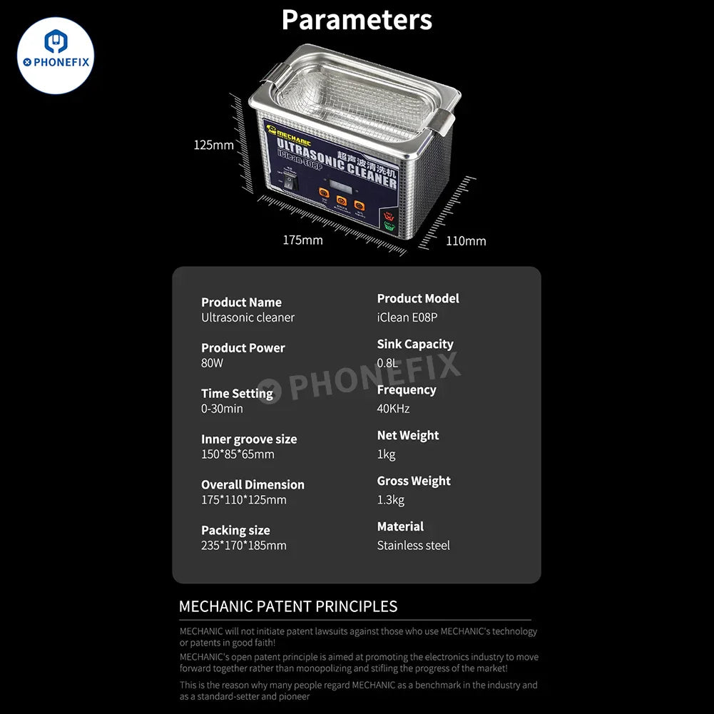 PHONEFIX MECHANIC iClean-E08P ultrasonic cleaner for PCB, camera, and glasses cleaning, with compact assist tool design.
