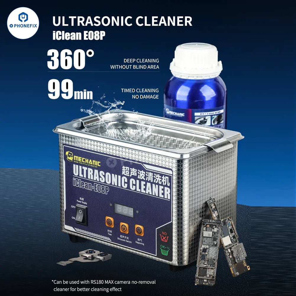 PHONEFIX MECHANIC iClean-E08P ultrasonic cleaner for PCB, camera, and glasses cleaning, compact assist tool for electronics maintenance.