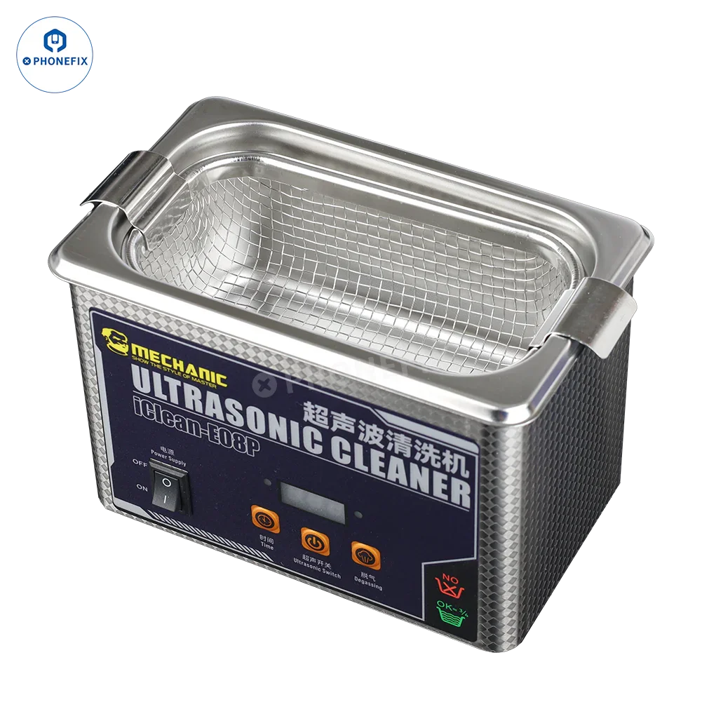 PHONEFIX MECHANIC iClean-E08P ultrasonic cleaner for PCB, camera lenses, and glasses cleaning with assist tools.