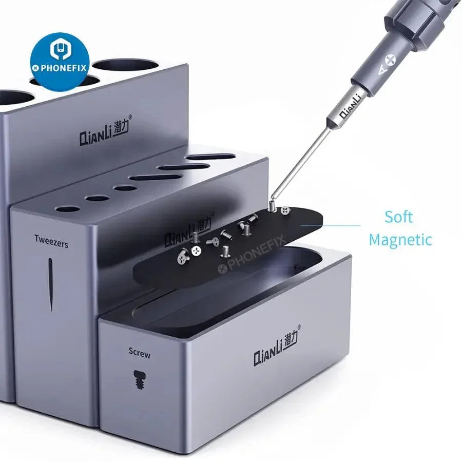 QianLi ToolPlus iCube aluminum alloy storage box for phone repair tools, branded PHONEFIX, compact and durable assist tool storage.