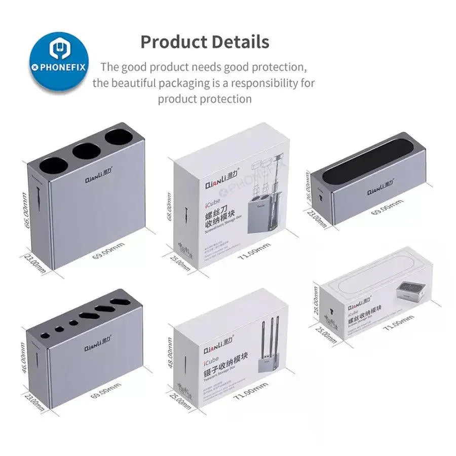 QianLi ToolPlus iCube aluminum alloy storage box for phone repair tools, branded PHONEFIX, with a sleek, compact design.