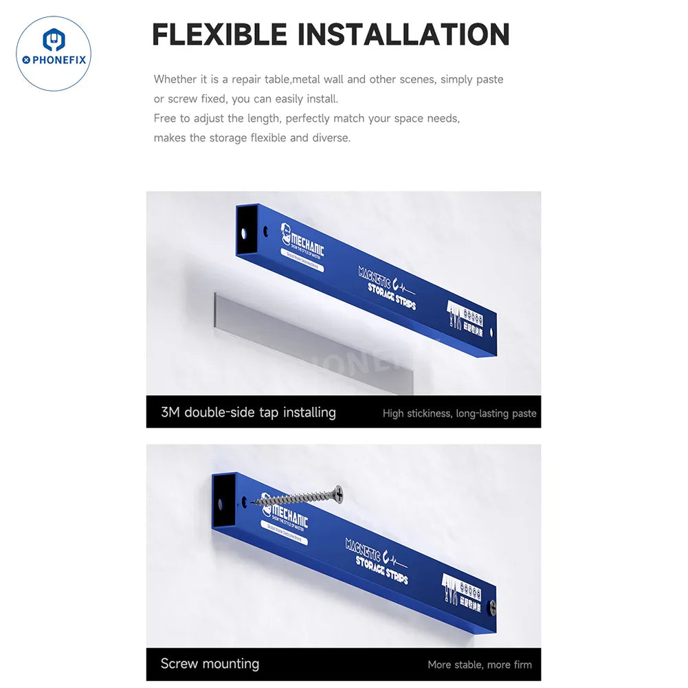 PhoneFix MECHANIC MAG 25 magnetic storage strip tool holder with multiple tool slots for convenient organization.