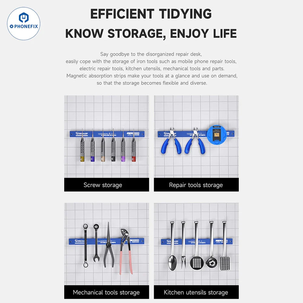PHONEFIX Mechanic MAG 25 magnetic tool storage strip with multiple hooks for organizing small tools and hardware.