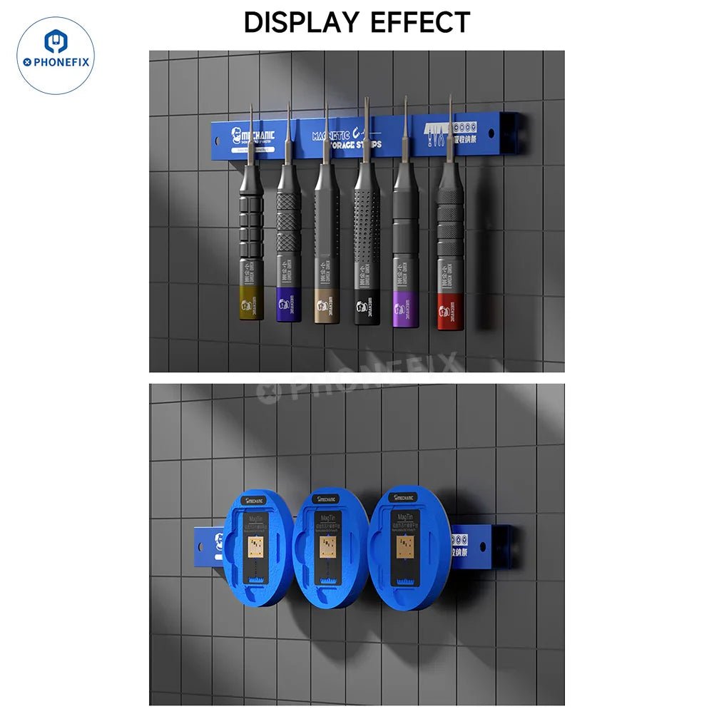 PhoneFix Mechanic Mag 25 magnetic storage strip tool holder for organizing small metal tools and parts in a workshop.