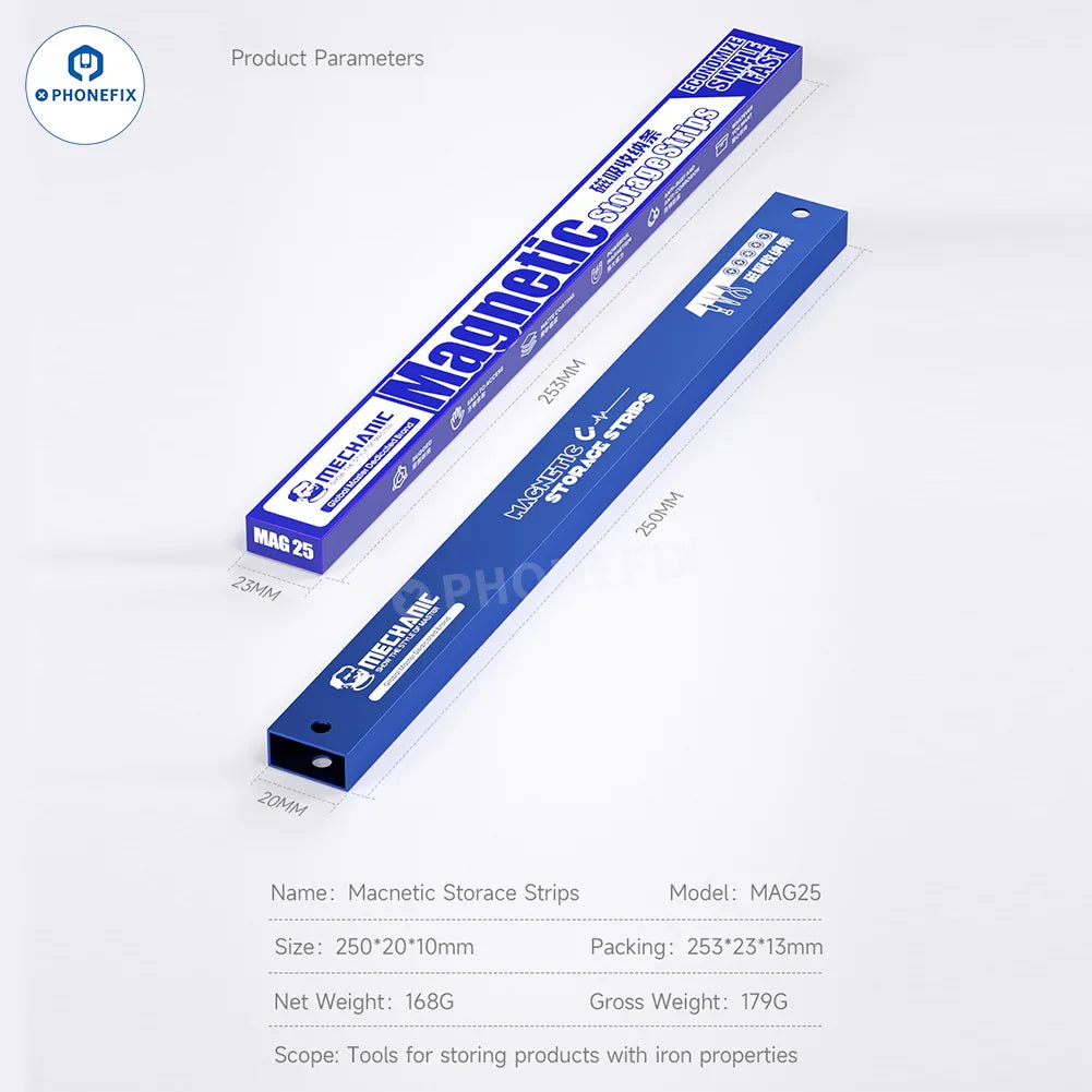 PhoneFix MECHANIC MAG 25 magnetic storage strip tool holder with multiple slots for organizing small tools and accessories.