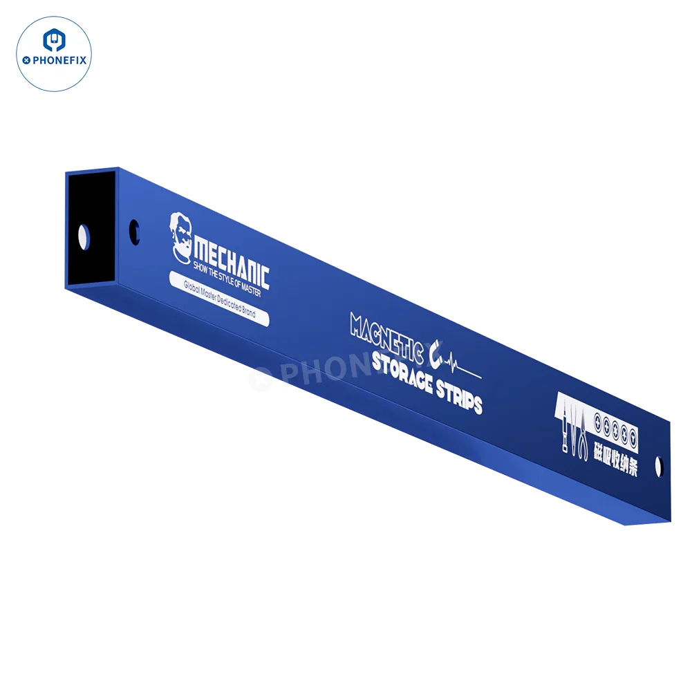 PhoneFix MECHANIC MAG 25 magnetic storage strip tool holder for organizing small tools and screws on metal surfaces.