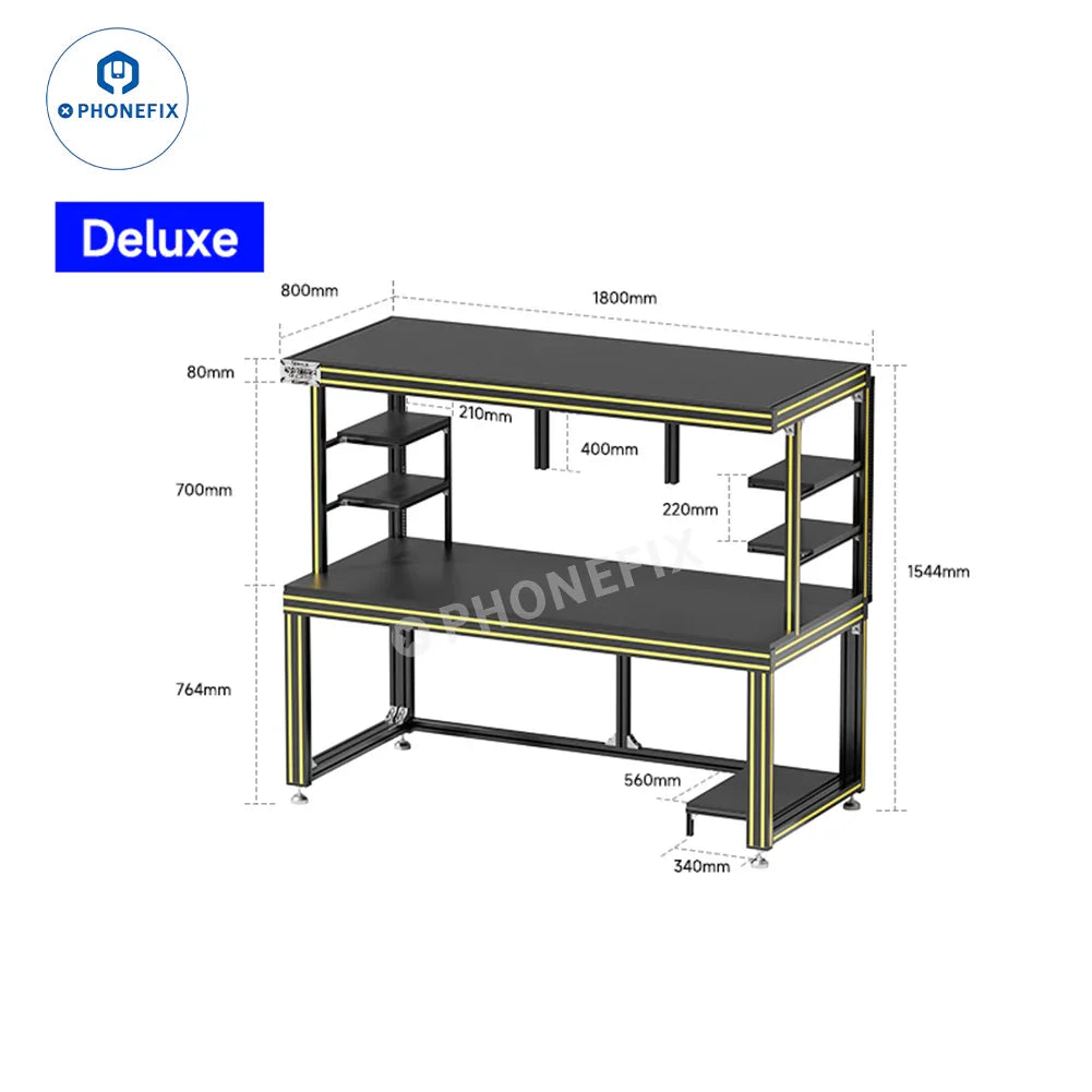 PHONEFIX mechanic mobile phone repair workbench with high brightness LED light, featuring tools and workspace for phone repairs.