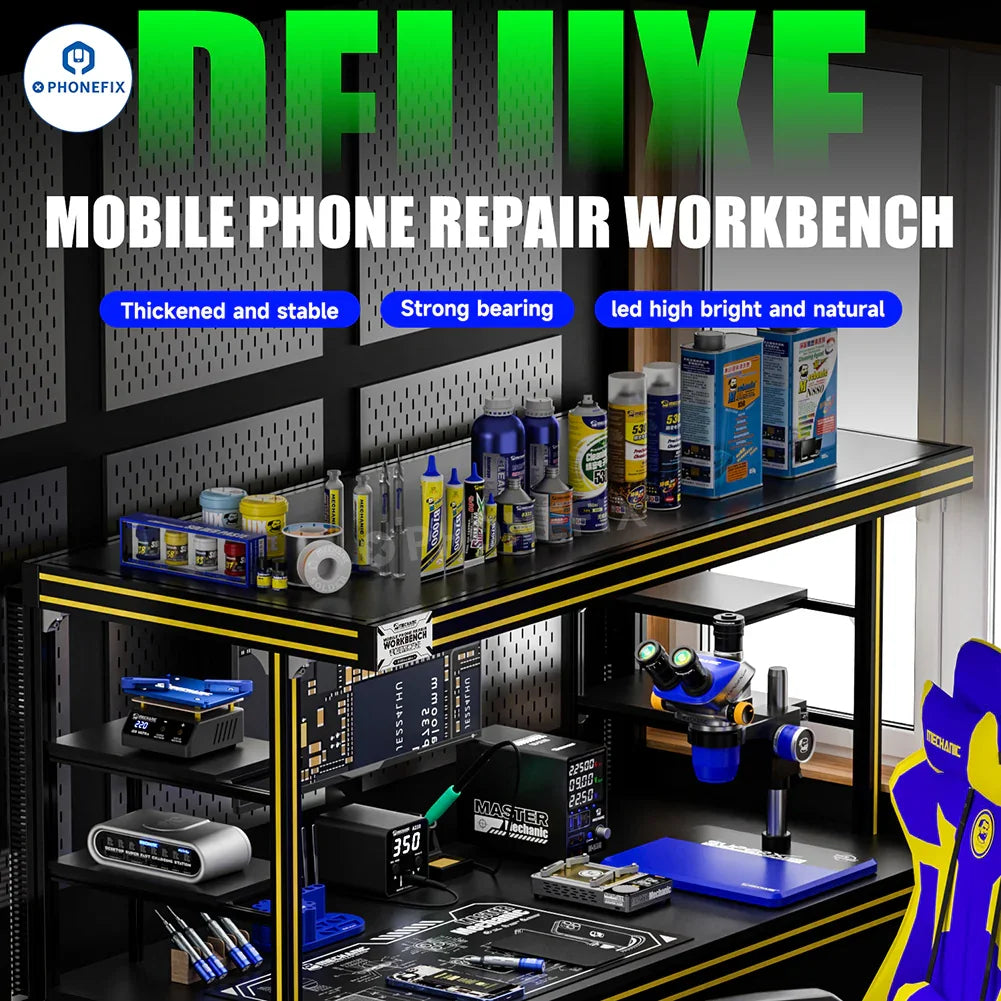PHONEFIX mechanic mobile phone repair workbench with high brightness LED light, versatile assist tool for electronics repair.