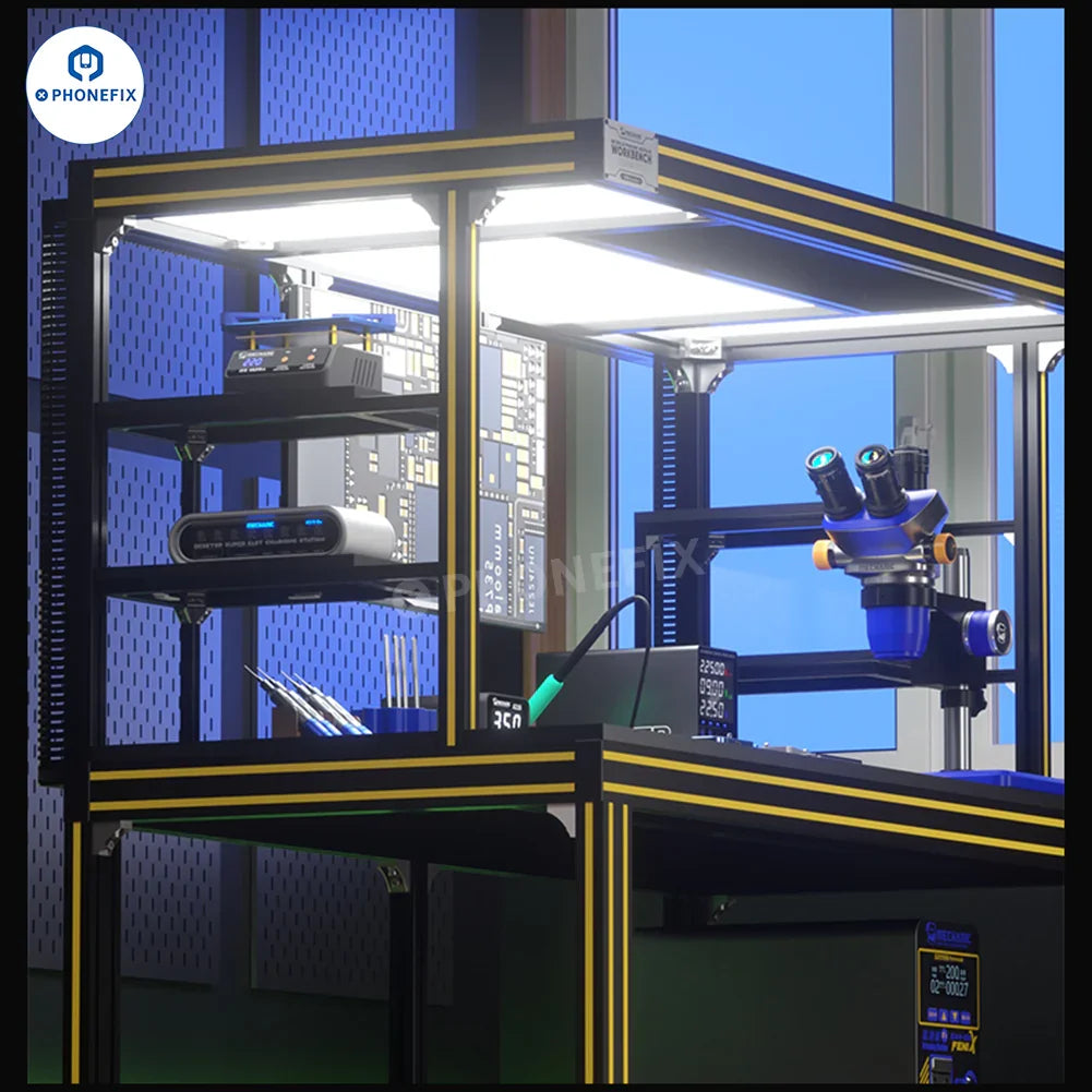PHONEFIX mechanic mobile phone repair workbench with high brightness LED light, versatile assist tool for electronics repair.