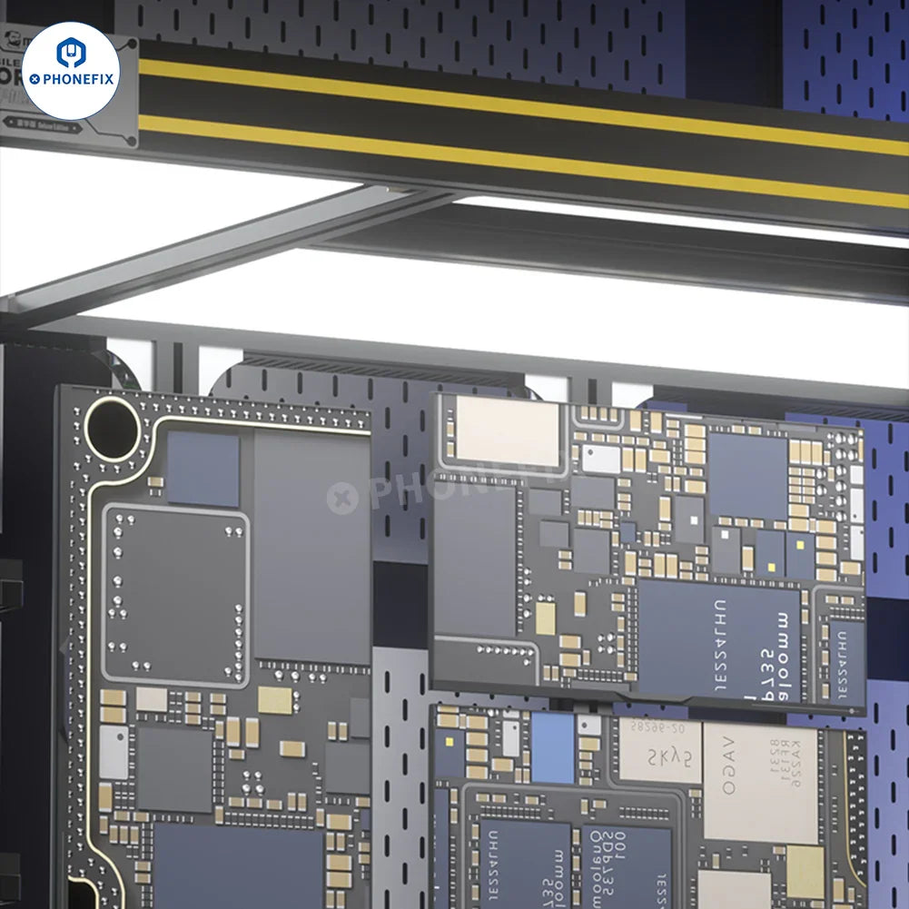 PHONEFIX mechanic mobile phone repair workbench with high brightness LED light, versatile assist tools for electronics repair.