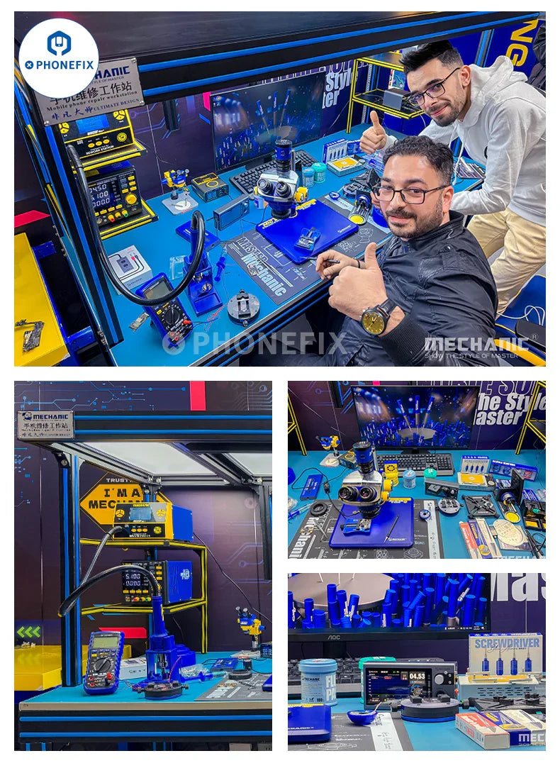 PHONEFIX mechanic mobile phone repair workbench with high brightness LED light and assist tools for electronic repairs.
