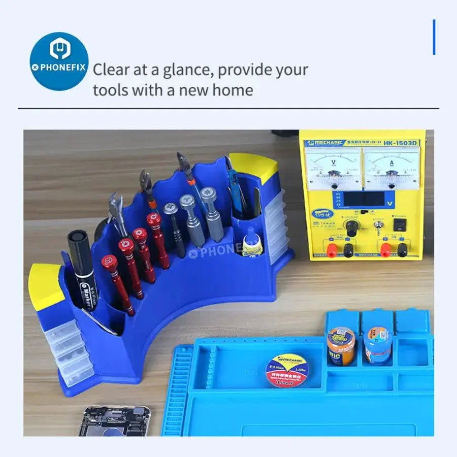 Plastic storage box for phone repair tools by PHONEFIX, multi-functional organizer for small electronic repair accessories.