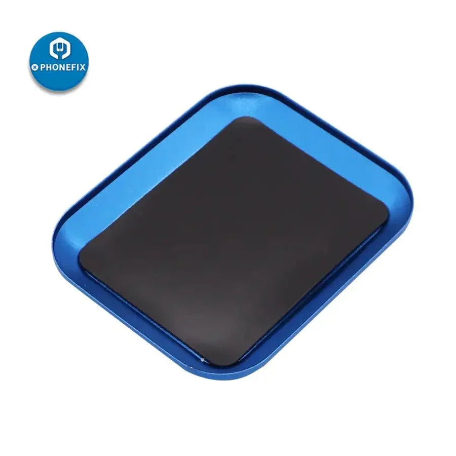 Aluminium alloy magnetic screw tray plate for RC phone repair, PHONEFIX brand, with compartments for organizing small screws and parts.