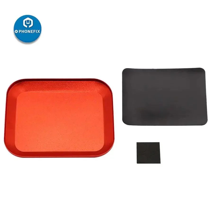 Aluminium alloy magnetic screw tray plate for RC phone repair, designed by PHONEFIX for organizing small screws and parts.