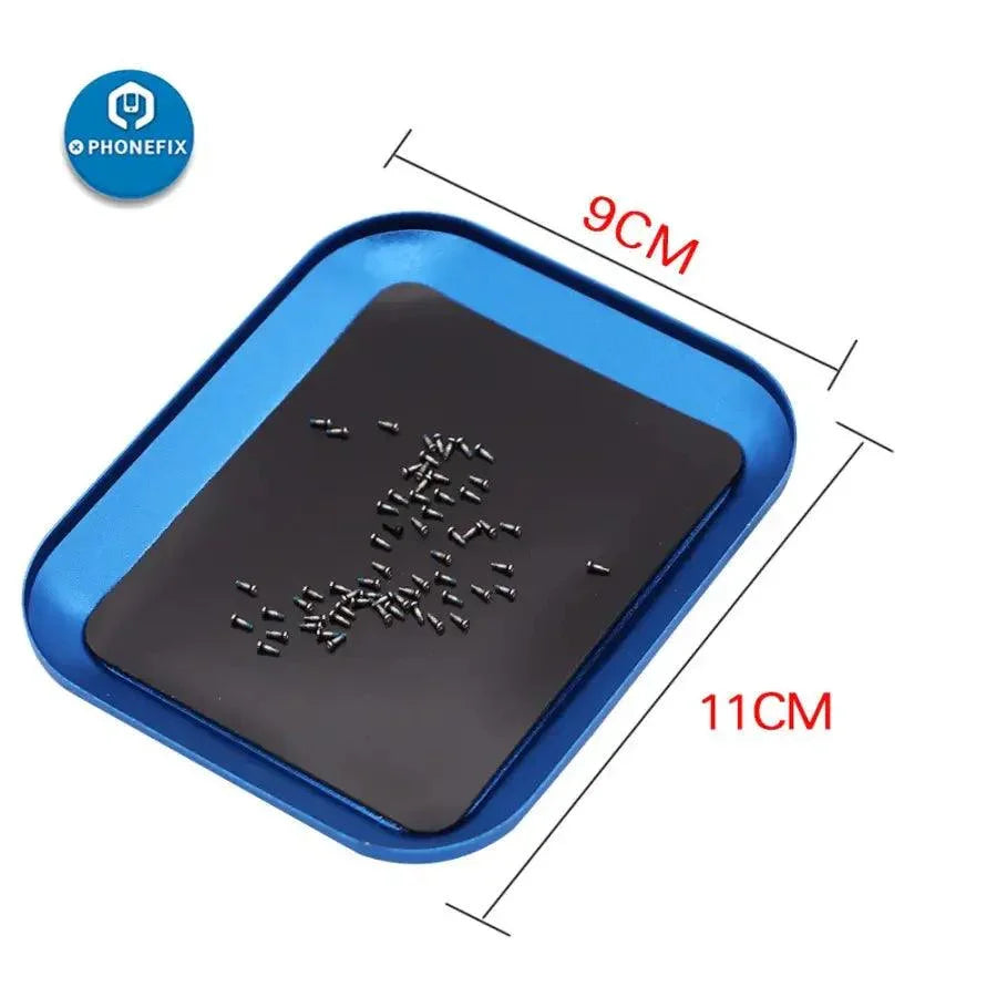 Aluminium alloy magnetic screw tray plate for RC and phone repair, with compartments to organize small screws and tools.