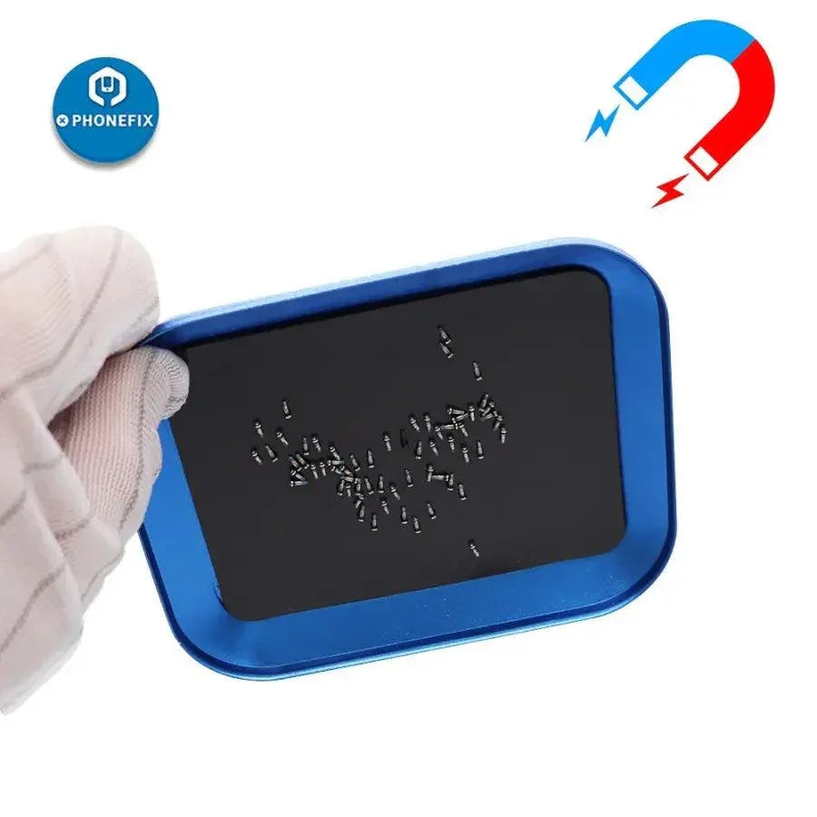 Aluminium alloy magnetic screw tray plate from PHONEFIX for RC and phone repair, with compartments for organizing screws.