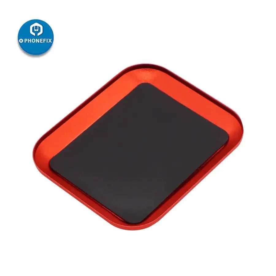 Aluminium alloy magnetic screw tray plate by PHONEFIX for RC phone repair, holding screws securely during repair tasks.
