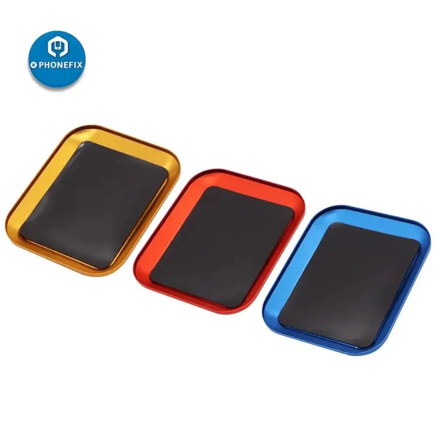 Aluminium alloy magnetic screw tray plate for RC phone repair, with compartments to organize screws and small parts, by PHONEFIX.