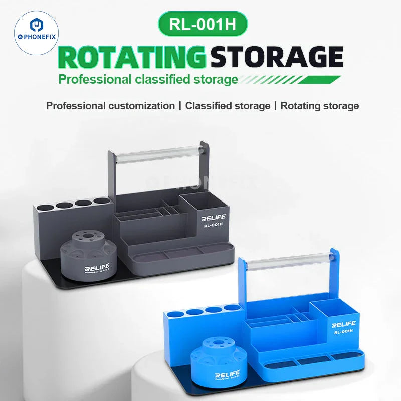Caja de almacenamiento giratoria para pinzas y herramientas, PHONEFIX RL-001H, soporte para herramientas auxiliares con compartimentos organizados para la reparación de aparatos electrónicos.