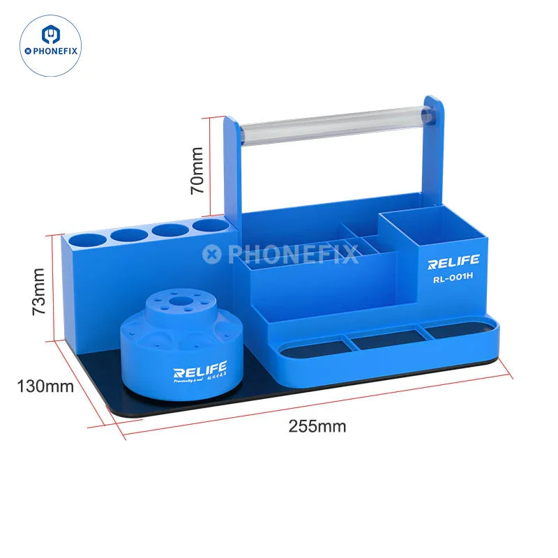 Caja de almacenamiento giratoria RL-001H y soporte para pinzas de PHONEFIX, con compartimentos para organizar pequeñas herramientas de reparación.